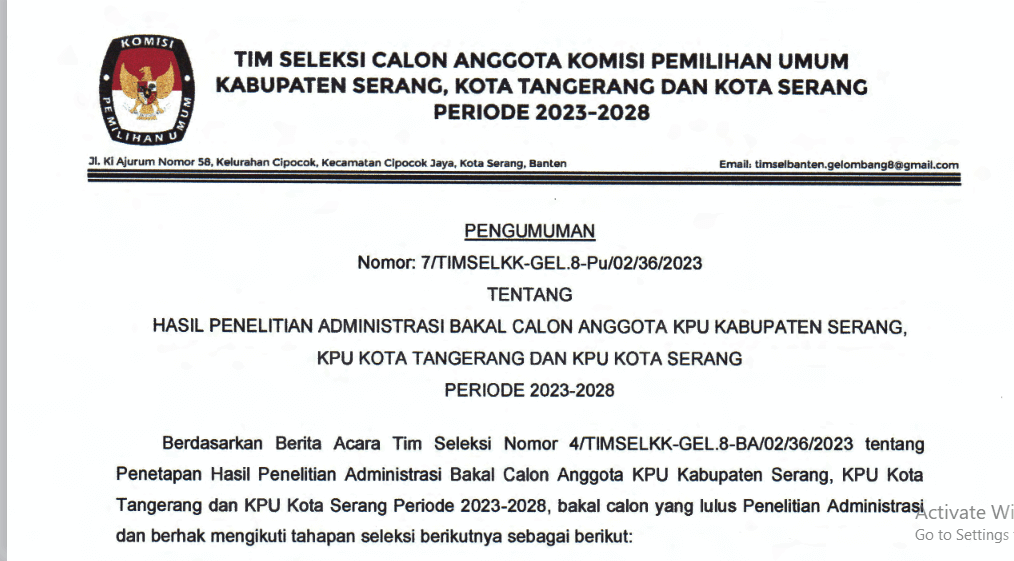 167 Calon Anggota KPU Kabupaten/Kota di Banten Lolos Administrasi, Banyak Wajah Lama