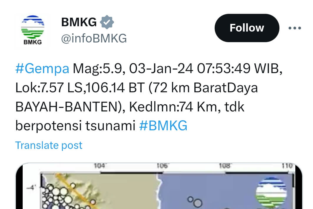 BMKG : Gempa Bayah Tidak Berpotensi Tsunami