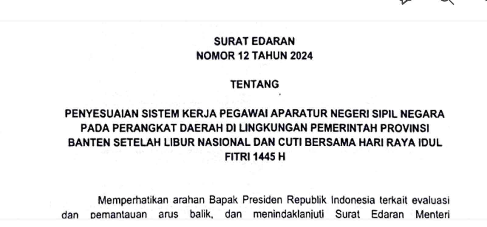 Pemprov Banten Terapkan  Work from Home  Pasca Cuti Bersama Idulfitri 1445 Hijriah