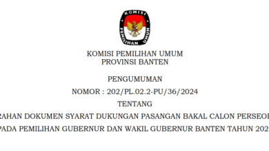PENGUMUMAN PENYERAHAN DOKUMEN SYARAT DUKUNGAN PASANGAN BAKAL CALON PERSEORANGAN PADA PEMILIHAN GUBERNUR DAN WAKIL GUBERNUR BANTEN TAHUN 2024