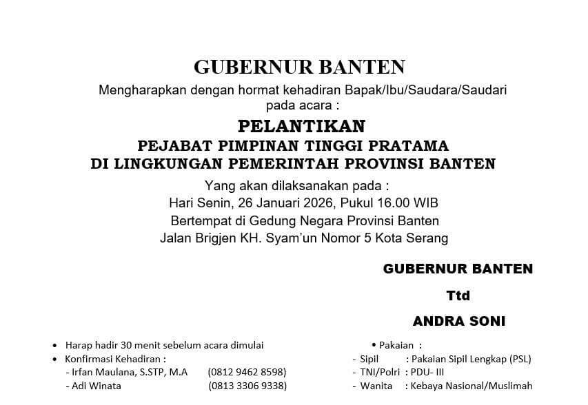 Beredar Undangan Pelantikan Eselon 2 Pemprov Banten, Digelar Hari Senin